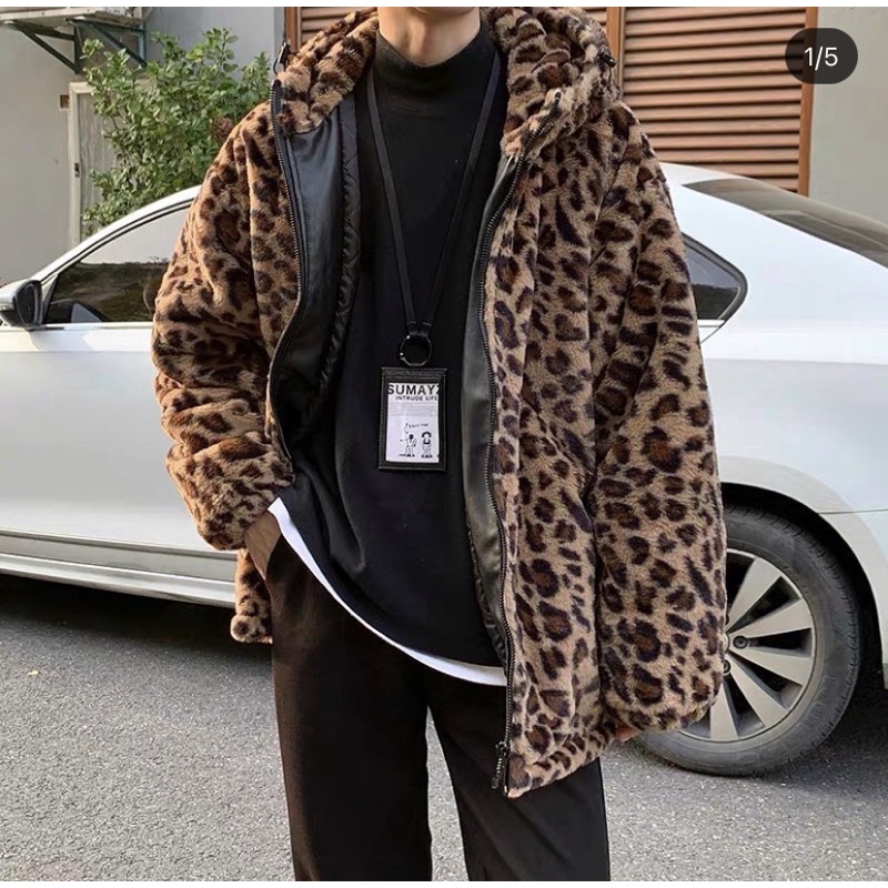 Áo khoác lông cừu hoạ tiết da beo