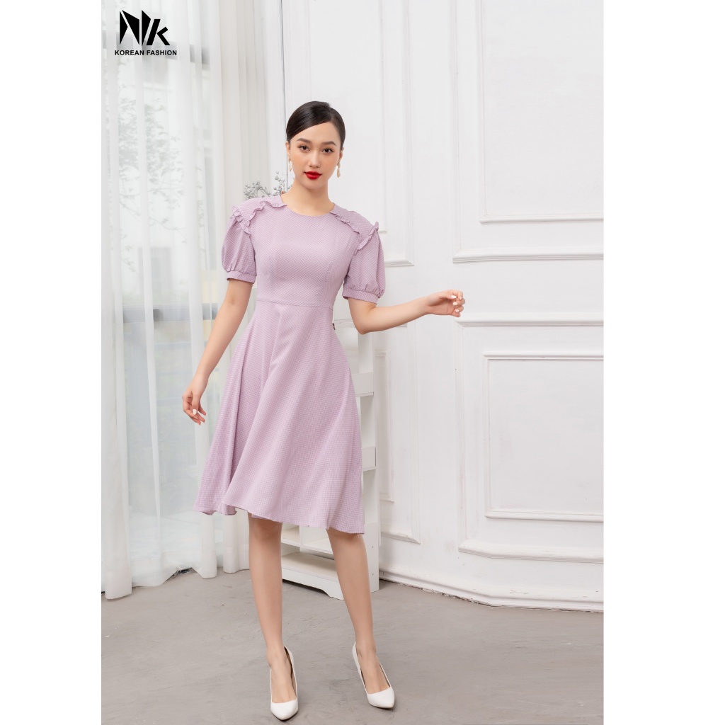 Váy Công Sở Dáng Xòe Chấm Bi NK FASHION, Thiết Kế Vai Bèo Sang Trọng NKDV2104016