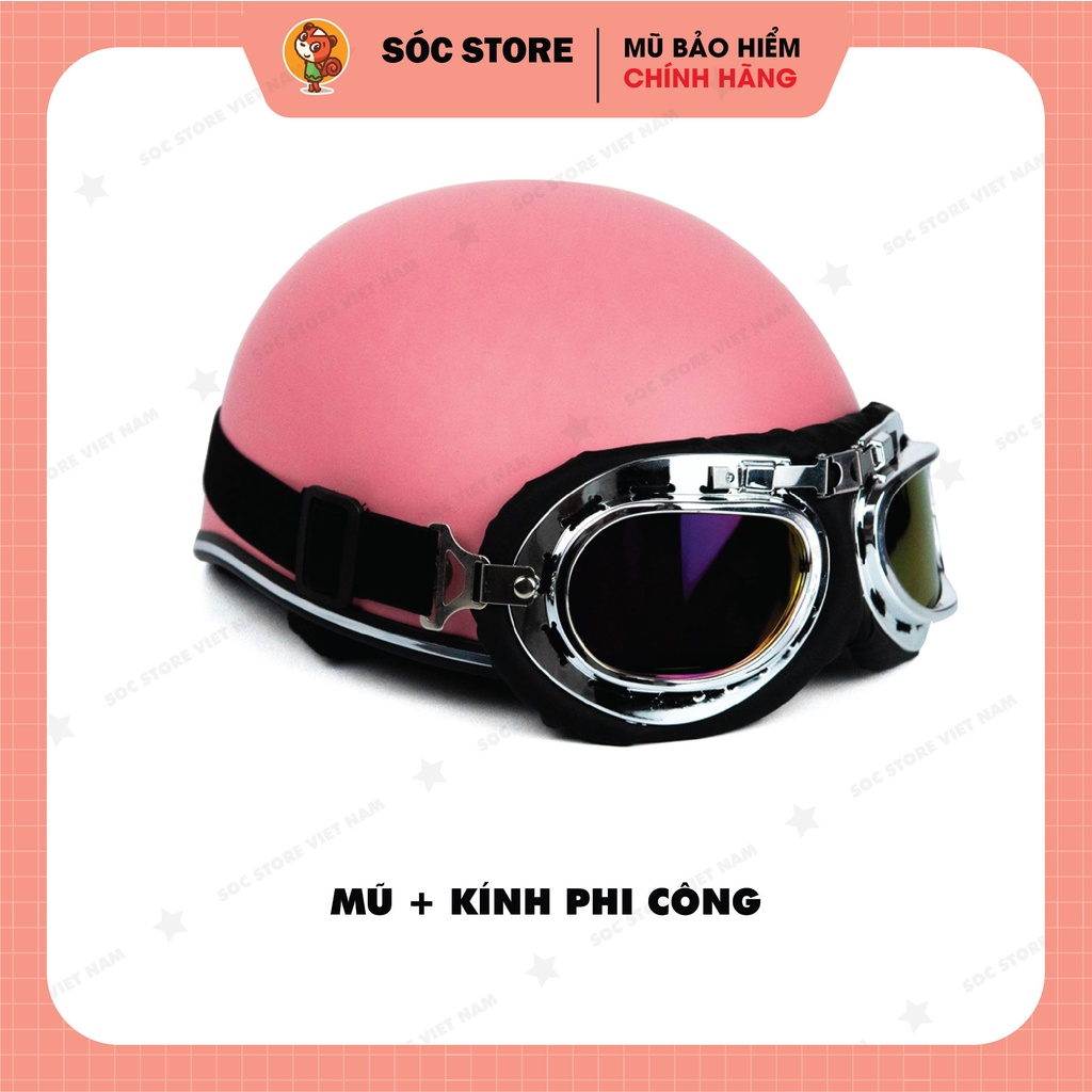 Mũ bảo hiểm nửa đầu chính hãng Sóc Store Vietnam màu hồng kèm kính UV, kính phi công, nón bảo hiểm 1 phần 2 freesize