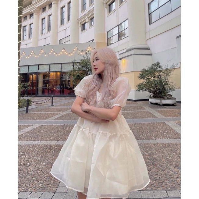 Váy babydoll voan tơ tay bồng Hàn Quốc - Đầm Babydoll voan tơ bồng bềnh 2 lớp siêu xinh
