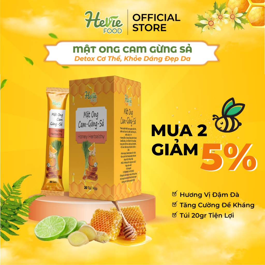 Mật Ong Cam Gừng Sả herbalthy dưỡng da đẹp dáng 20 túi x 20gr Heviefood