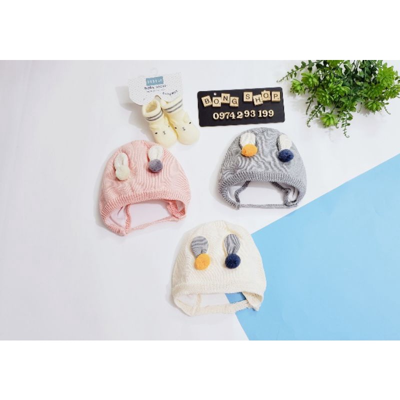 Mũ nón len đội đầu mùa đông 2 lớp bé trai gái có dây cài cúc tránh rơi phối tai thỏ đáng yêu 3-12 tháng
