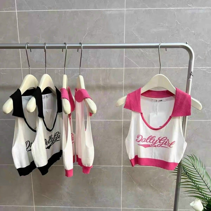 Áo croptop cổ bẻ phối màu xinh ☘️☘️☘️GB alohashop91