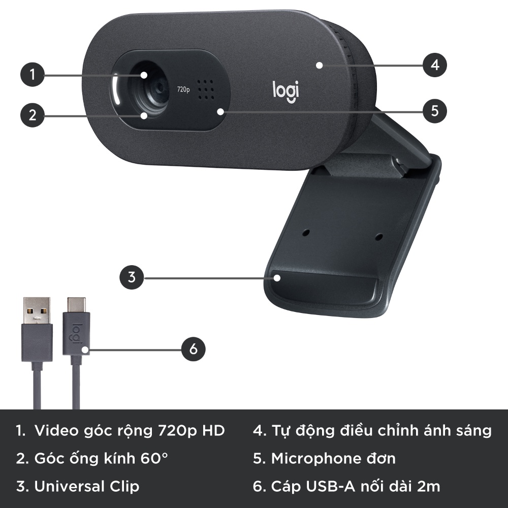 [Mã ELLOGIWL5 giảm 10% đơn 500K] Webcam Logitech C505 – 720p HD 30FPS Góc cam 60o, mic đa hướng giảm ồn, tự chỉnh sáng