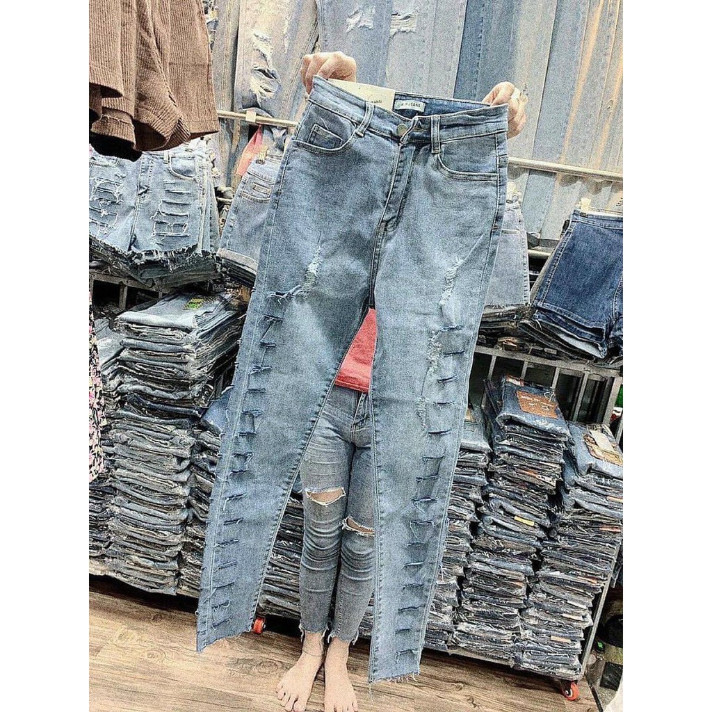 Quần jean nữ lưng cao RÁCH DÀI HAI HÔNG XUỐNG LAI mẫu mới cực đẹp, chất jean giãn tốt d-1-171