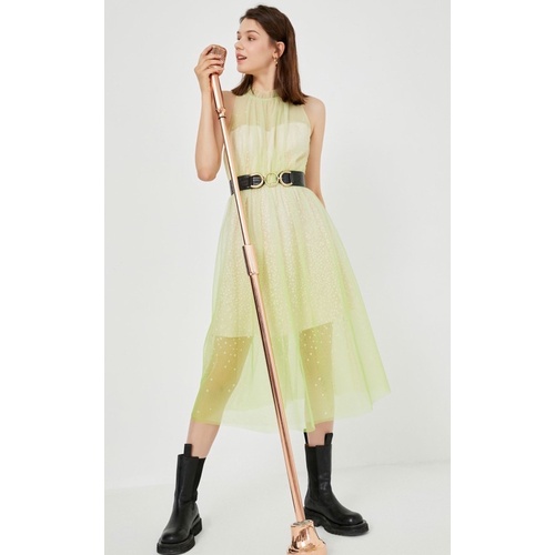 Vero Moda đầm chữ A diềm xếp nếp lưới chấm bi kèm belt size S new tag