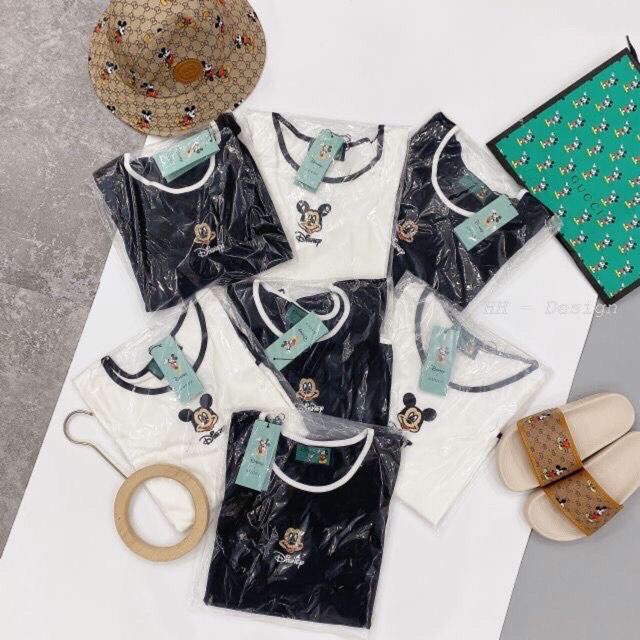 ÁO THUN CROPTOP THÊU MICKEY CHẠY VIỀN CỔ VIỀN TAY ĐEN TRẮNG HOT