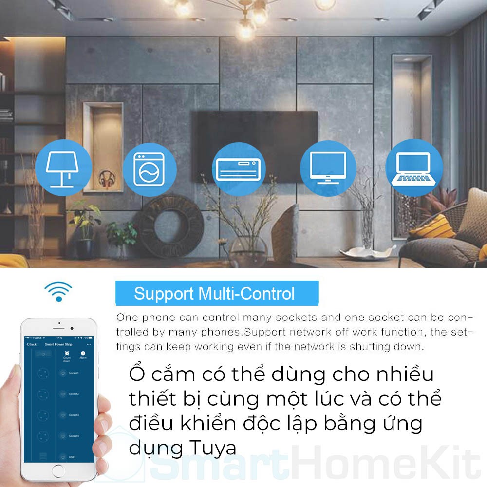 Ổ cắm nối dài thông minh Wifi Tuya - tắt bật 4 ổ độc lập, hỗ trợ Google và Alexa