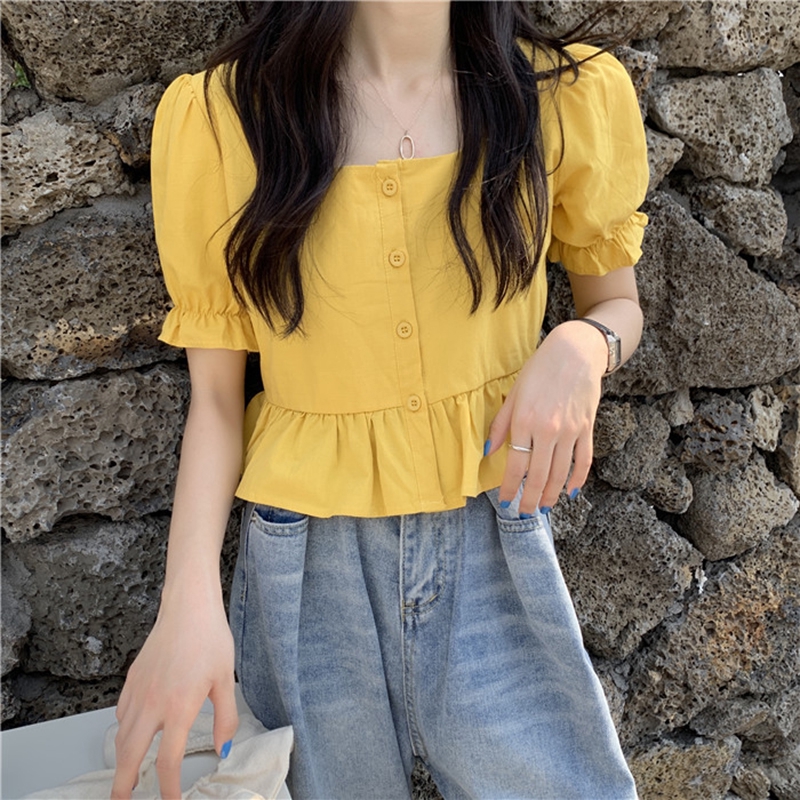 Áo croptop nữ, Áo kiểu bánh bèo tiểu thư tay phồng ngắn cổ vuông | BigBuy360 - bigbuy360.vn