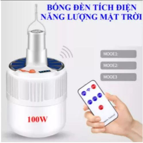 Bóng đèn LED tích điện năng lượng mặt trời 100W siêu sáng có điều khiển + cáp sạc, 3 mức sáng