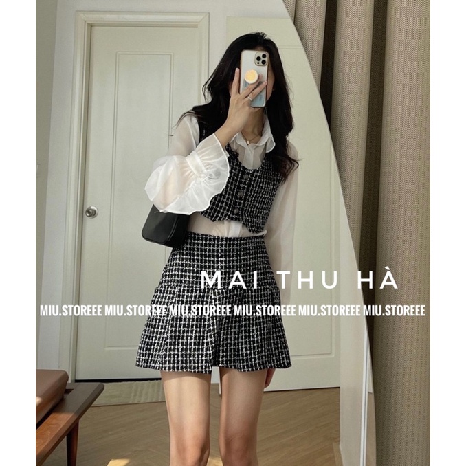 [ẢNH THẬT] SET 3 MÓN DẠ TWEED ÁO SƠ MI VOAN PHỐI BÈO + GILE KẺ CARO KÈM CHÂN VÁY A