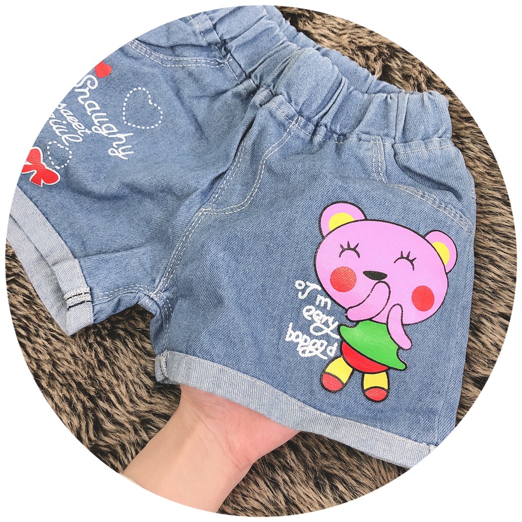 (QB39) Quần Short Đùi Jean Thời Trang Dành Cho Bé Gái - In Hình Mèo Cute - Hàng Quảng Châu Cao Cấp