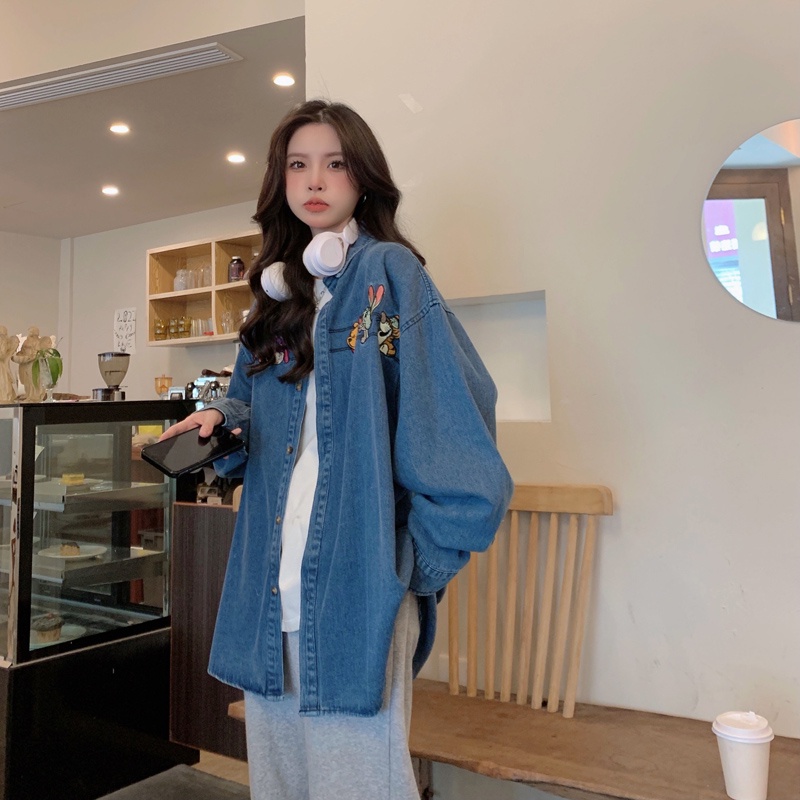 ZHELIHANGFEI Áo Sơ Mi Denim Họa Tiết Thêu Theo Phong Cách Retro Mỹ Dễ Phối Đồ