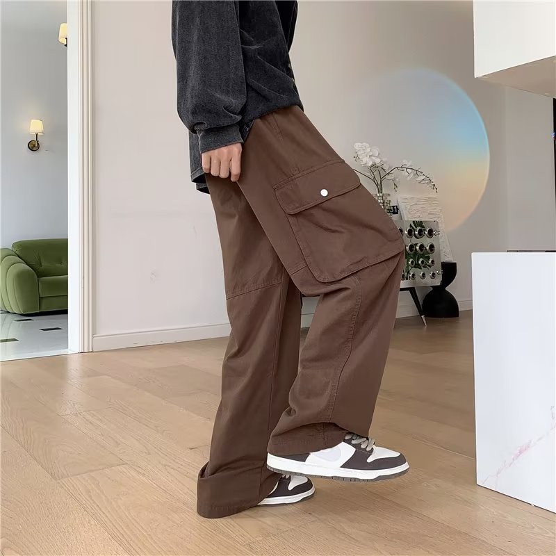 Quần Dài Ống Rộng Lưng Thấp Phối Túi Lớn Phong Cách Hàn Quốc Thời Trang Cho Nam Và Nữ