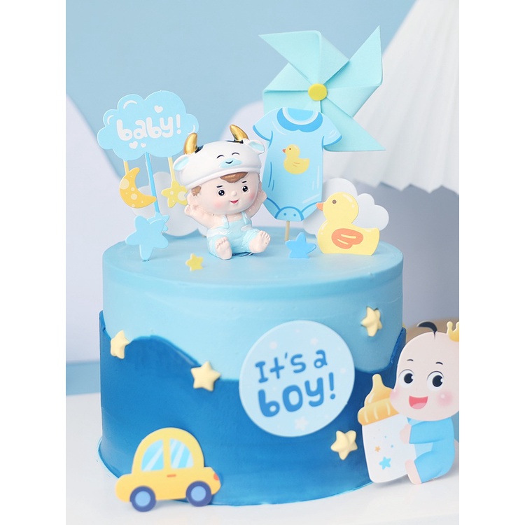 Set que cắm em bé ôm bình sữa xanh baby_Phụ kiện trang trí bánh