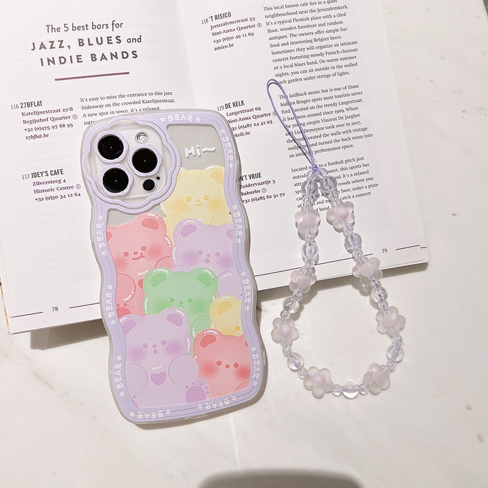 Ốp Điện Thoại Mềm Chống Sốc In Hình Gấu Hoạt Hình Viền Gợn Sóng + Dây Đeo Cho iPhone 13 12 11 Pro XS Max X XR 7 8 plus