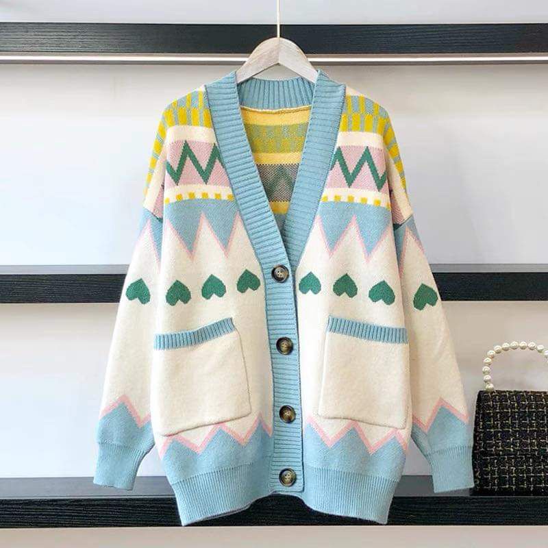 Áo khoác len rộng dài 2 túi phối màu.