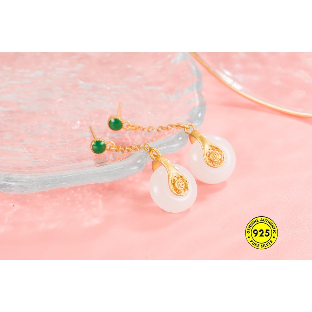 Bông Tai Đính Ngọc Bích Trắng Phong Cách Trung Quốc Cổ Điển Cho Nữ