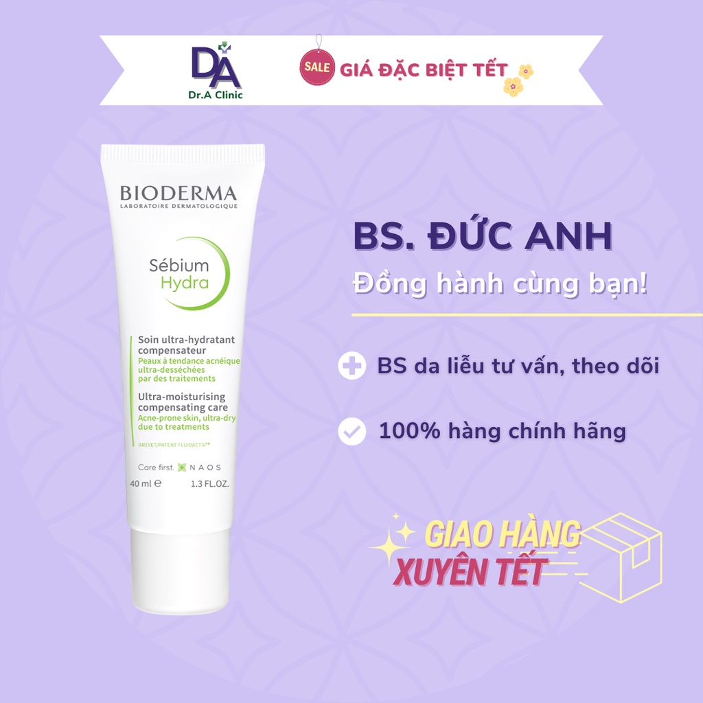 Kem Dưỡng Ẩm Bioderma Xanh Lá Sebium Hydra 40ml giúp giảm mụn và sợi bã nhờn cho da dầu mụn - Dr.A Clinic