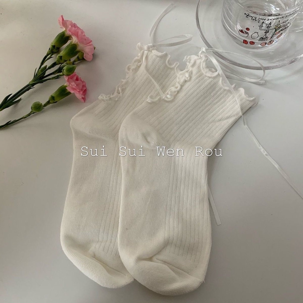 Japanese Kawaii Soft Girl Bandage Girl Jk Lolita Sock Bowknot Cotton  Ruffle Socks Girl Calf Lolita Socks Harajuku Frilly Socks