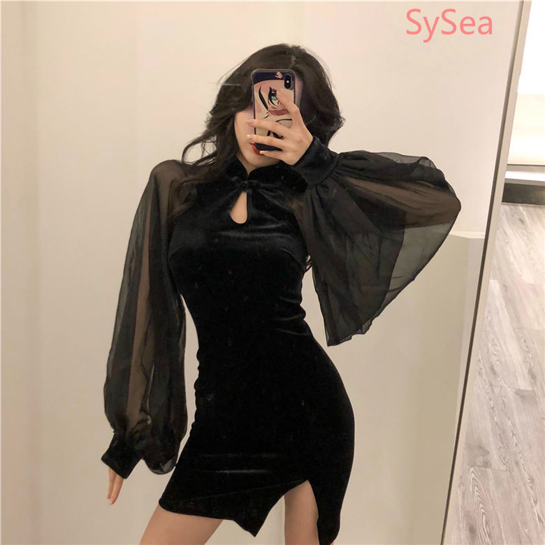 Đầm Sườn Xám Tay Dài Thiết Kế Xẻ Tà Quyến Rũ