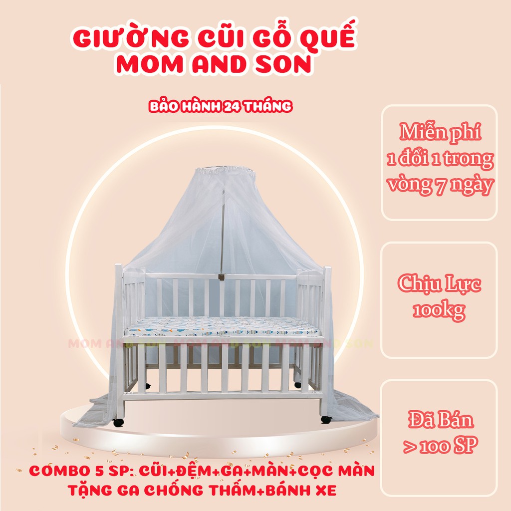 (Bộ 5 SP Tặng 2 SP) Giường Cũi Trẻ Em Gỗ Quế Xuất Khẩu Màu Trắng - Giường Cũi MOM AND SON Bảo Hành 24 Tháng