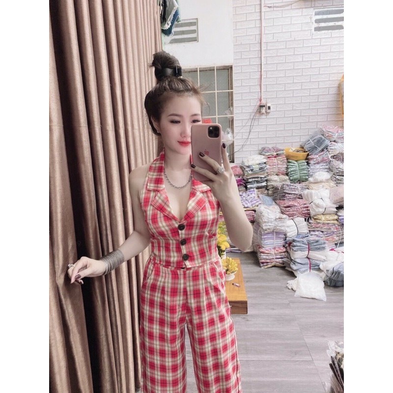 sét đồ bộ sọc karo áo cổ yếm phối nút hở lưng