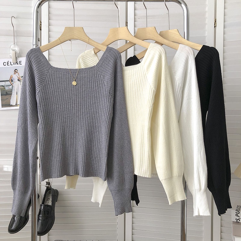 NUZIRO Áo dệt kim  tay dài cổ vuông màu đơn giản phong cách Hàn Quốc cho nữ