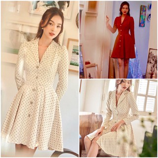 Đầm xoè chấm bi cổ vest dài tay thiết kế