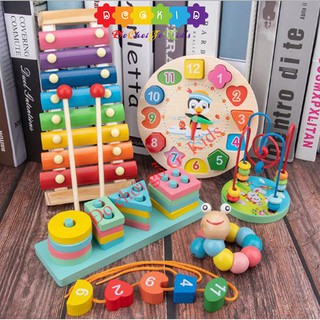 Combo 5 Món Đồ Chơi Gỗ Phát Triển Trí Tuệ- Giáo Dục Sơm Cho Bé-Đàn gỗ, sâu gỗ, luồn hạt, đồng hồ sâu hạt, thả hình 4 trụ