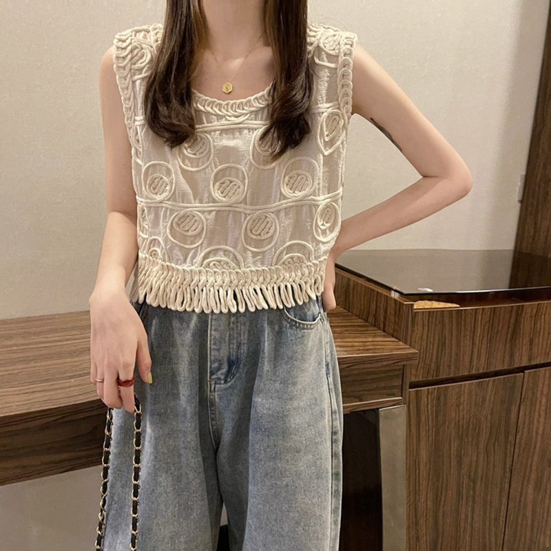 Xiangbao Áo Crop Top Dệt Kim Không Tay Khoét Lỗ Phối Tua Rua Tròn Cho Nữ