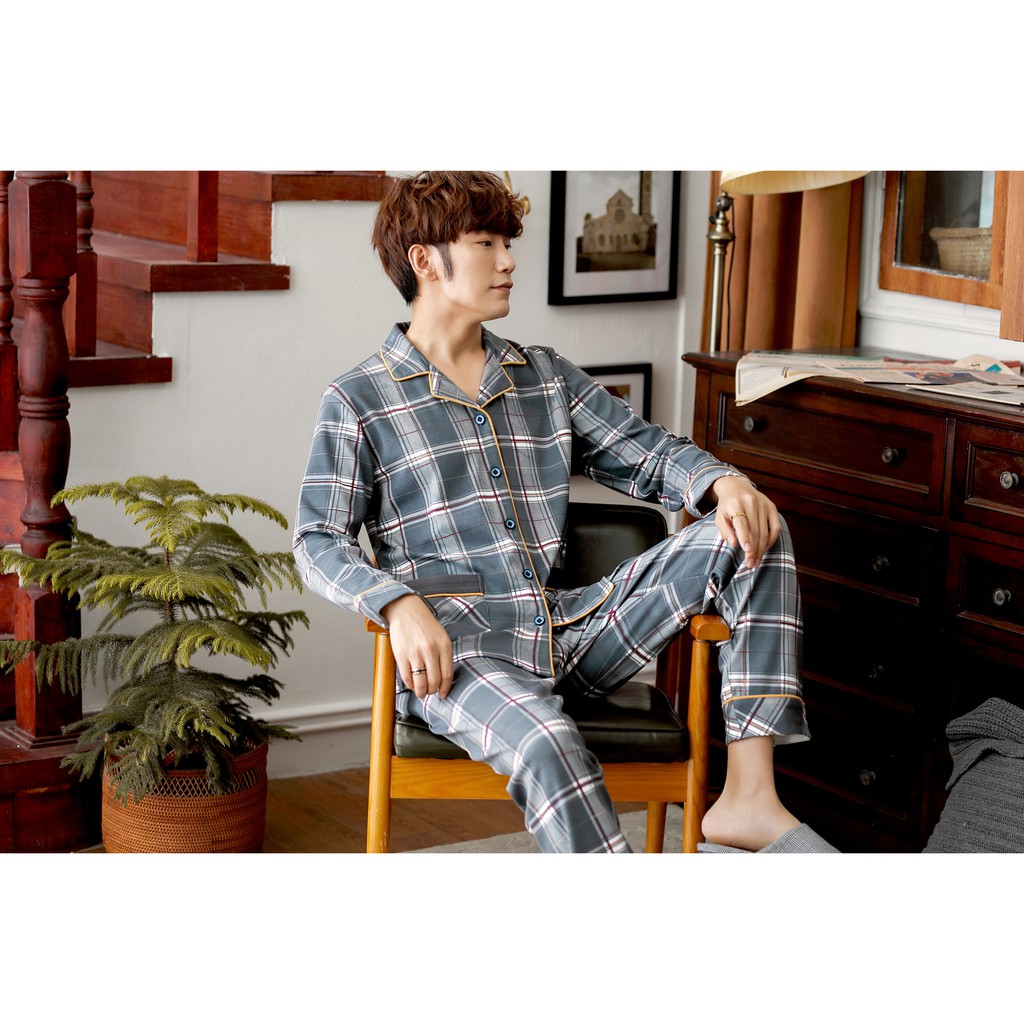 {ẢNH THẬT} Đồ bộ PIJAMA NAM dài tay họa tiết Caro nam tính, chất Cotton 100% thông thoáng mùa hè, style Hàn Quốc thời th