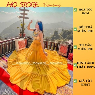 Đầm maxi đi biển khoét eo phối thổ cẩm, váy voan sát nách kín lưng có mút kèm hình thật - Maxi HQ store