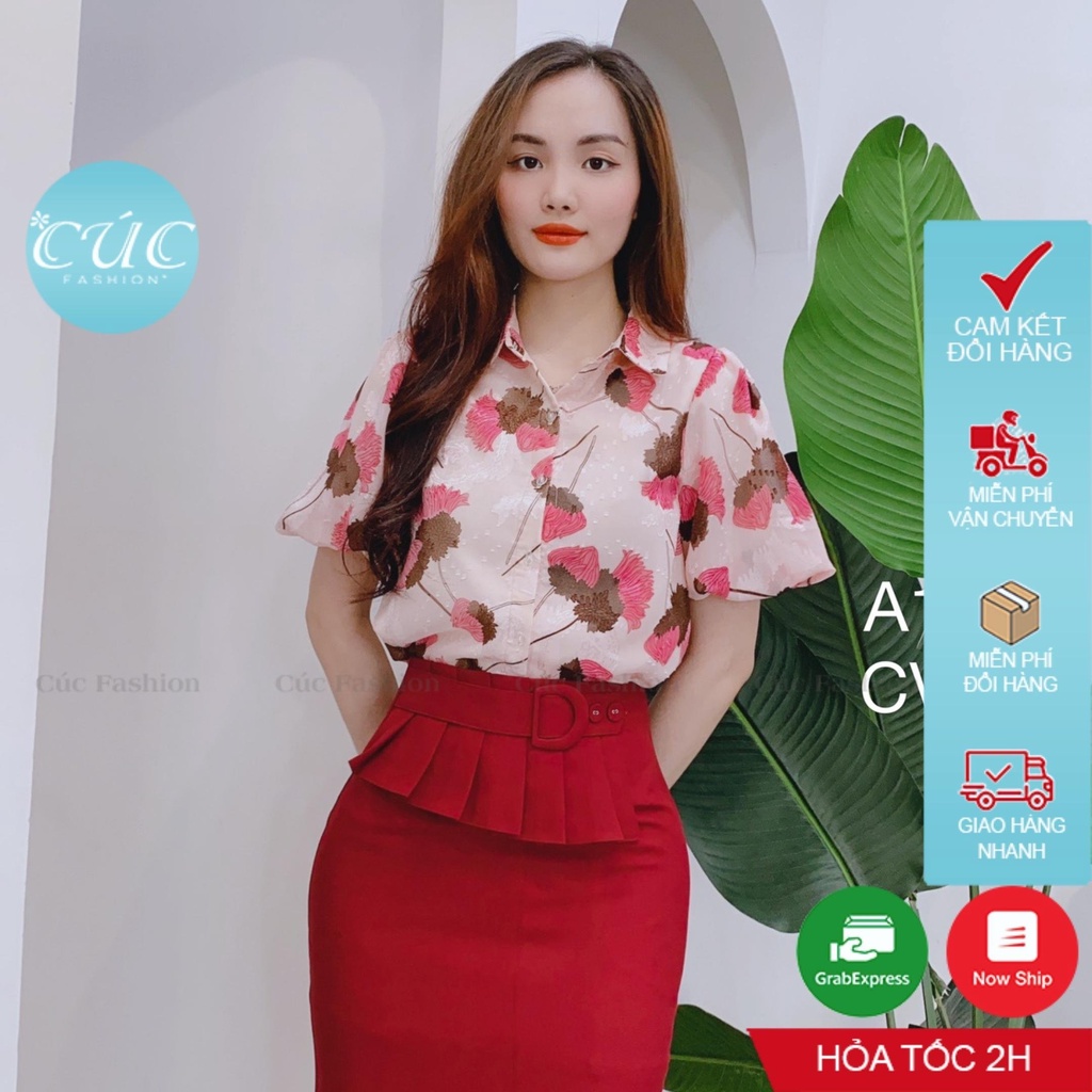 Áo sơ mi nữ CÚC FASHION somi tay ngắn cao cấp lụa đẹp kiểu họa tiết hoa đỏ vàng xanh công sở áo tơ ép hoa cổ sen A1109