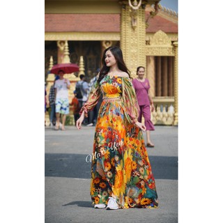 SET ĐẦM MAXI TAY DÀI TRỄ VAI SANG TRỌNG VÀ HIỆN ĐẠI