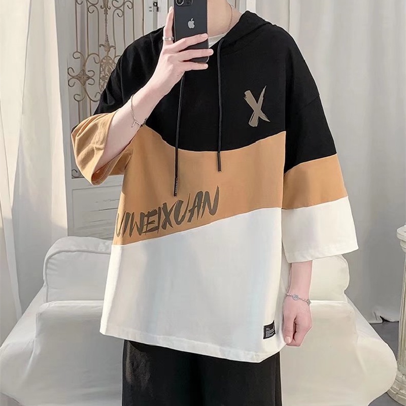 Áo Hoodie Tay Ngắn Dáng Rộng In Chữ Phong Cách Hip Hop Đường Phố Hàn Quốc Thời Trang Cho Nam Cỡ M-3XL