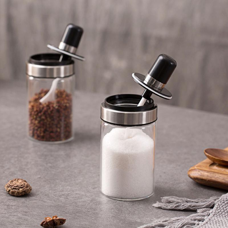 Hủ Đựng, Lọ Đựng Gia Vị, Dầu Ăn, Mắm Muối Thủy Tinh Có Muỗng Kèm Theo Tiện Dụng.