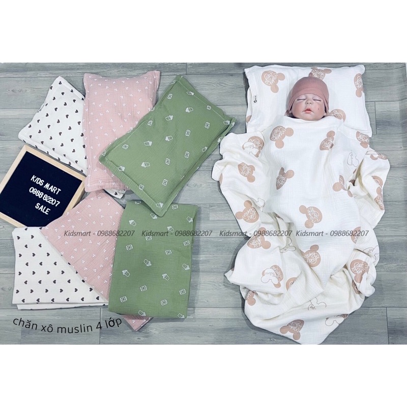 Emom - Sét chăn gối xô muslin 4 lớp EM9026