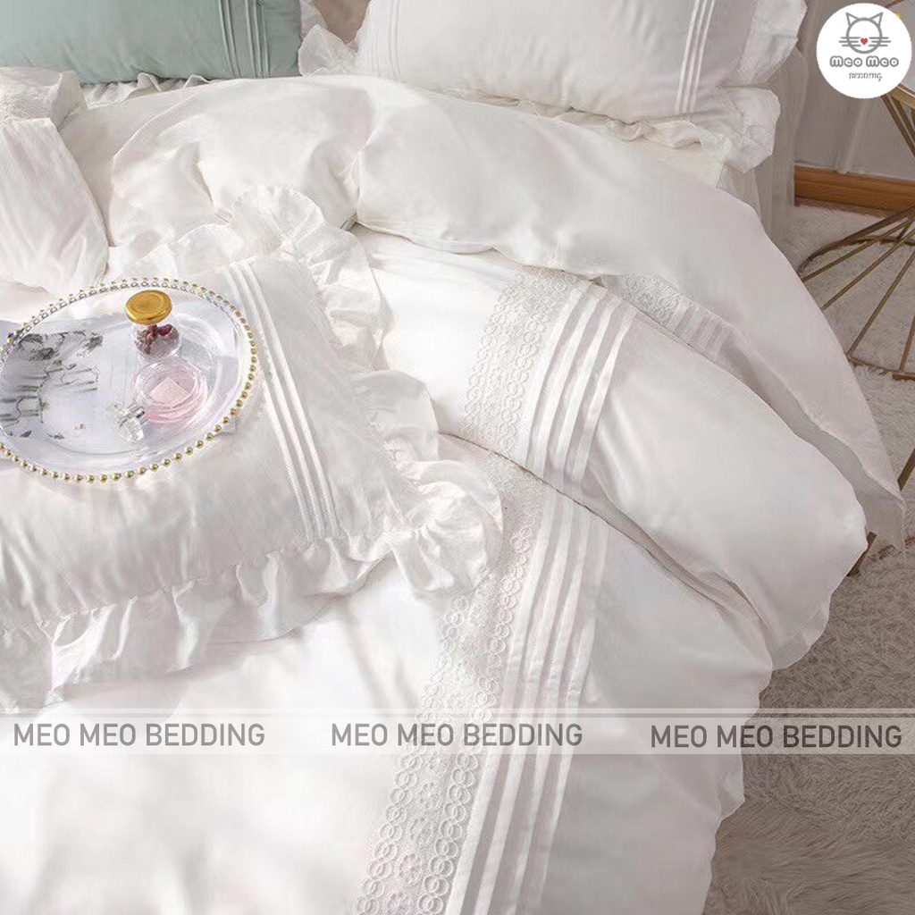 Bộ Chăn Ga Gối Cotton Lụa Princess Ga Phủ Phối Ren Cao Cấp -  Poly Quả Dứa - Mẫu 28 - Bộ Chăn Ga Gối 4 Món