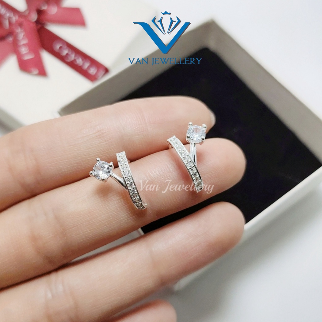 Khuyên tai bạc khuyên V hoa nạm đá trắng sáng lung linh