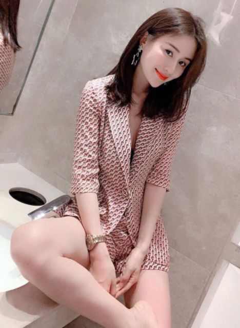 Set áo vest phối quần short in hoa tiết cao cấp