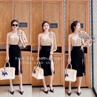 Set áo kiểu lệch vai phối nơ một tay dài xẻ phối chân váy midi đen xẻ tà trước!