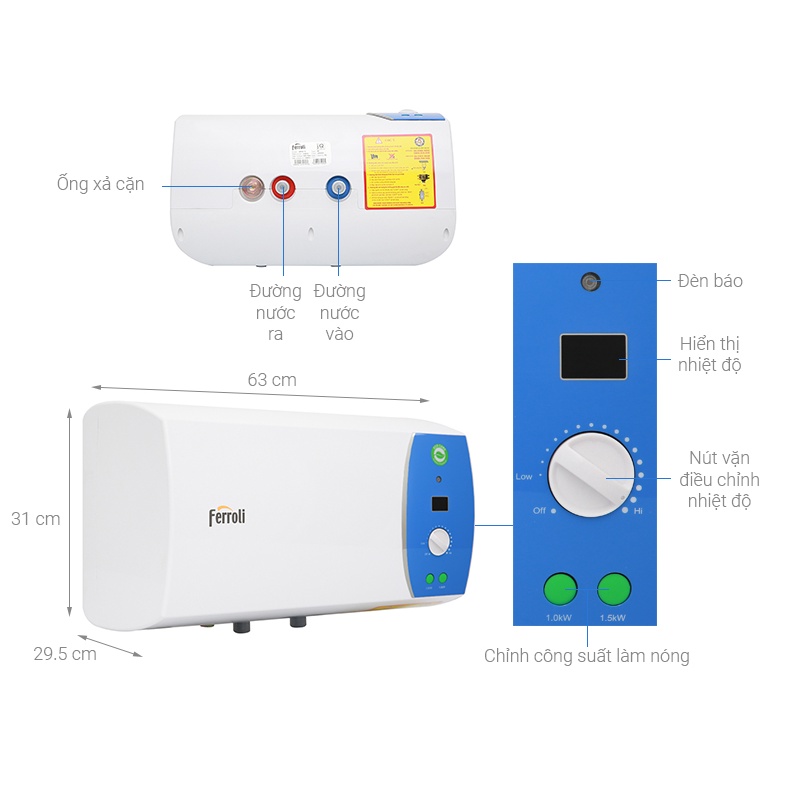 [30L]Bình nước nóng Ferroli VERDI AE 30 lít - Bình nóng lạnh gián tiếp - Hiện thi nhiệt độ,thanh đốt siêu bền