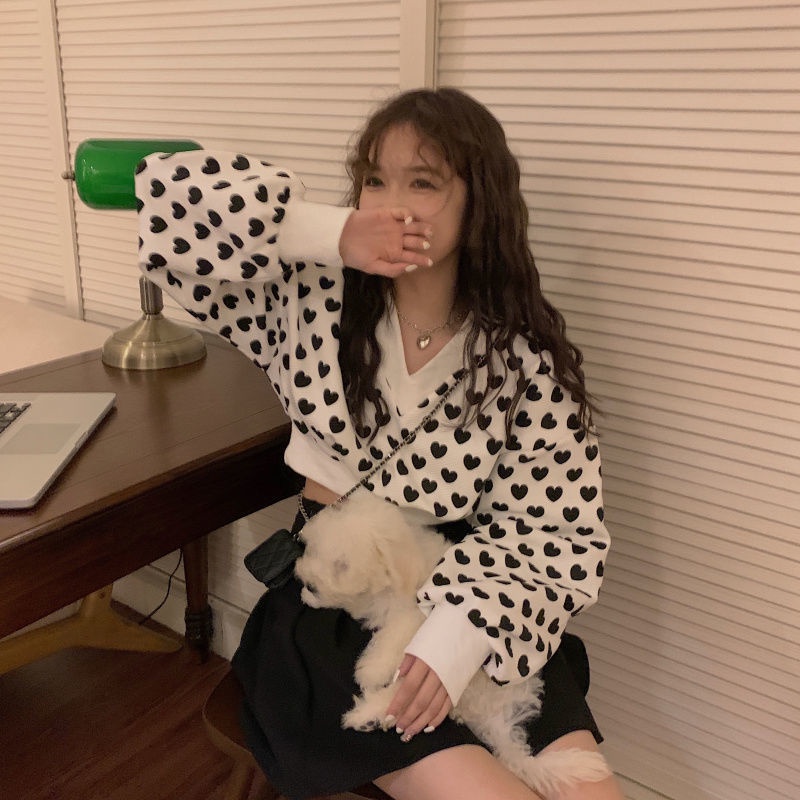 Áo Sweater Tay Dài Cổ Chữ V In Họa Tiết Trái Tim Thời Trang Hàn Quốc 2022 Cho Nữ