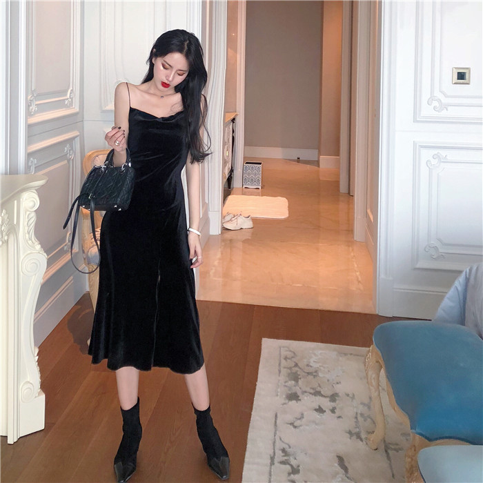 Xiaozhainv Đầm Nhung Hai Dây Xẻ Tà Gợi Cảm Thời Trang Hàn Quốc | BigBuy360 - bigbuy360.vn