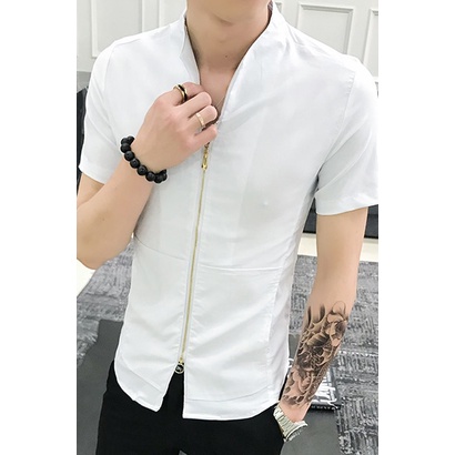 Áo sơ mi, Áo sơ mi nam cộc tay cổ phối khóa độc lạ, trẻ trung, phong cách chất vải mềm  mát N19