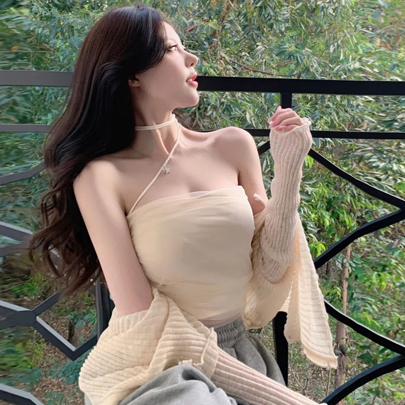 Áo Croptop Dệt Kim Mỏng Mềm Phối Lưới Thời Trang Mùa Hè Quyến Rũ Cho Nữ