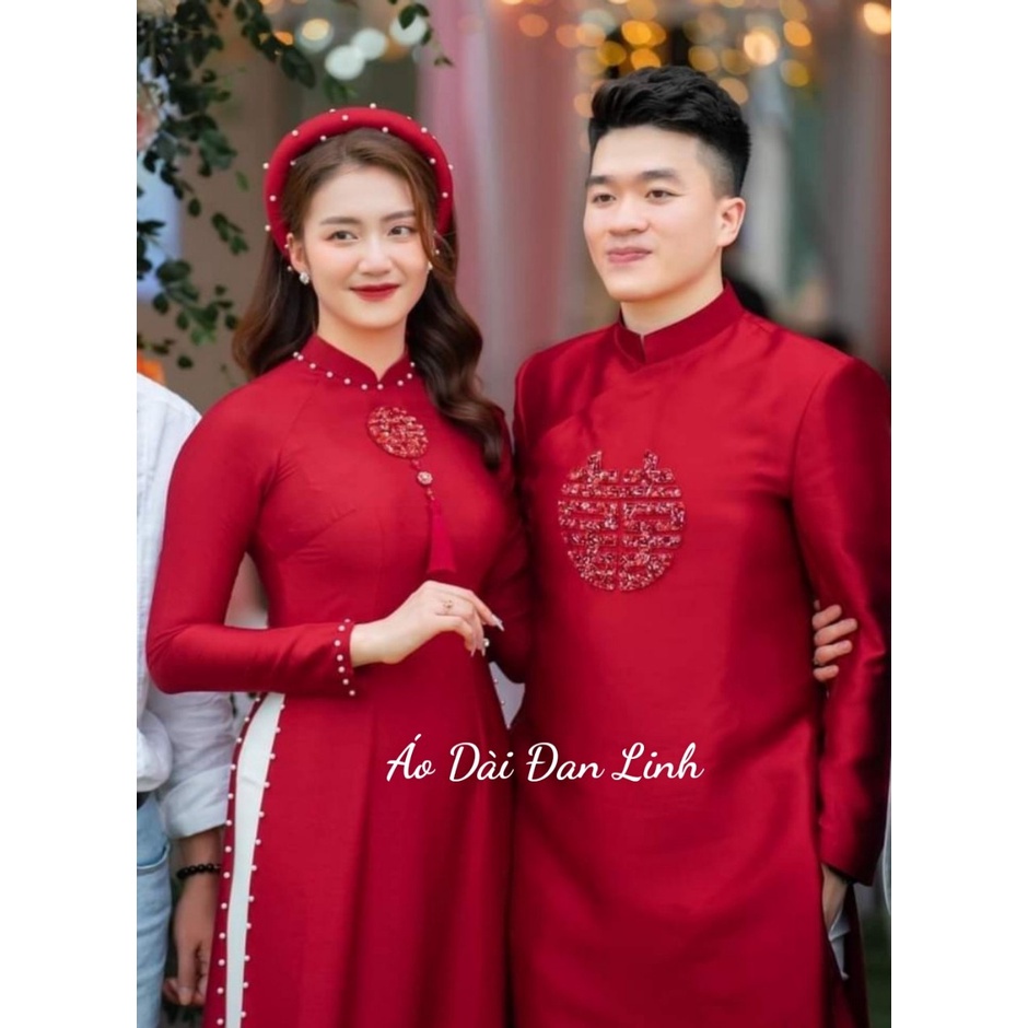 Cặp áo dài cưới truyền thống MAAY màu đỏ tươi sang trọng tặng mấn, cặp áo dài cô dâu chú rể, áo dài cưới thiết kế