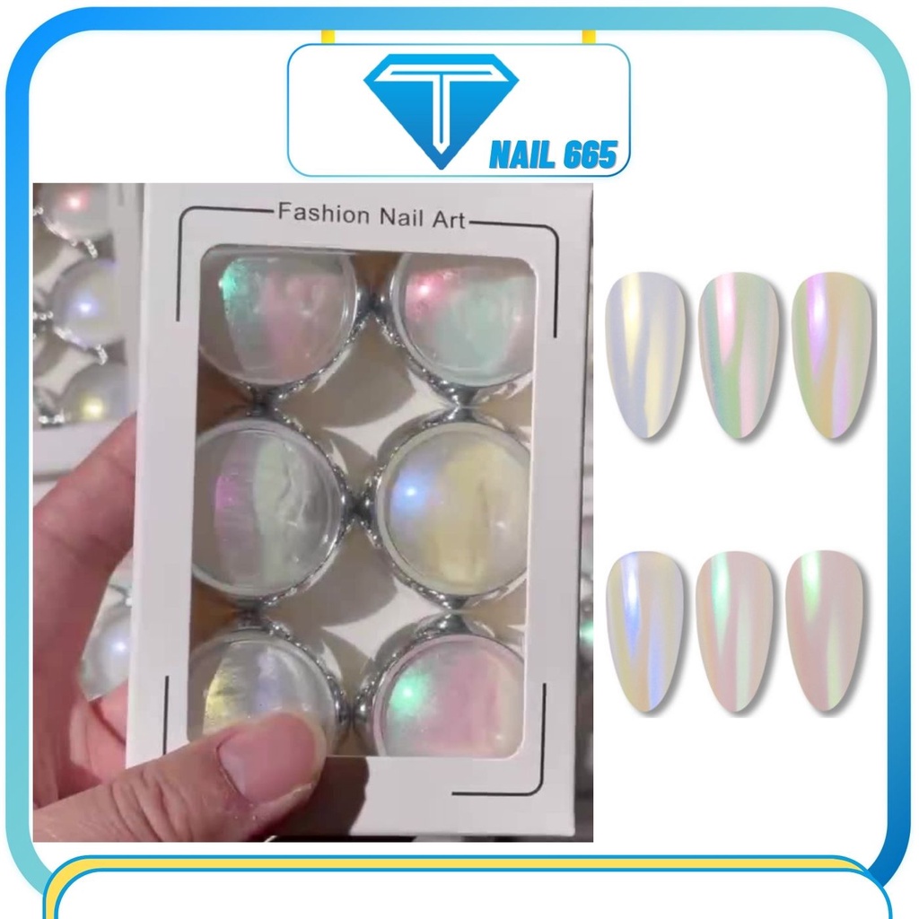 Sét tráng gương ánh ngọc trai trang trí móng , Bột nhũ tráng gương set 6 hũ