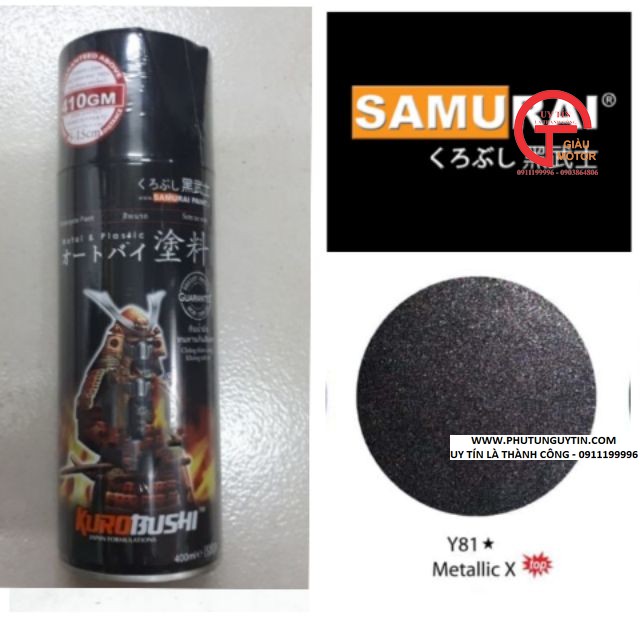 y81 _ Chai sơn xịt sơn xe máy Samurai Y81 _ màu đen ánh kim X _ Metallic X  _ uy tín, giao hàng nhanh, giá rẻ